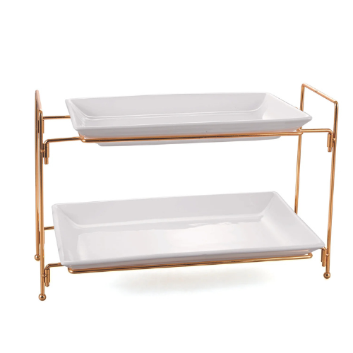 ORCHID 2-TIER RECTANGULAR SERVING SET WITH GOLD STAND
